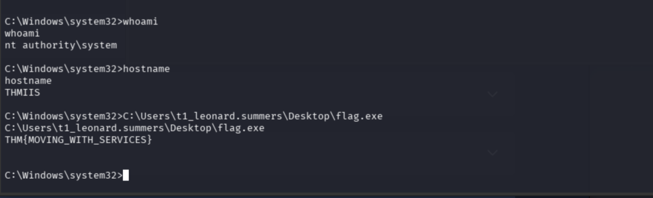 whoami, hostname, and flag.exe output on THMIIS confirming Flag 1